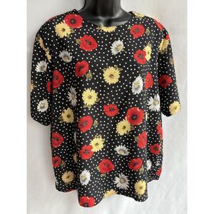 Vintage Fashion Attitudes Polka Dot Black Floral Top Size XL Romantic Retro 80s